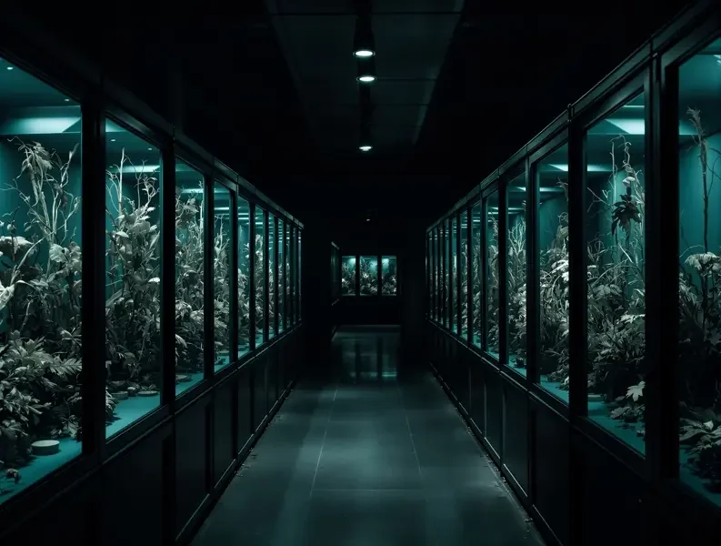 惊悚暗夜主题配图，冷光下单排玻璃标本柜与干枯植物